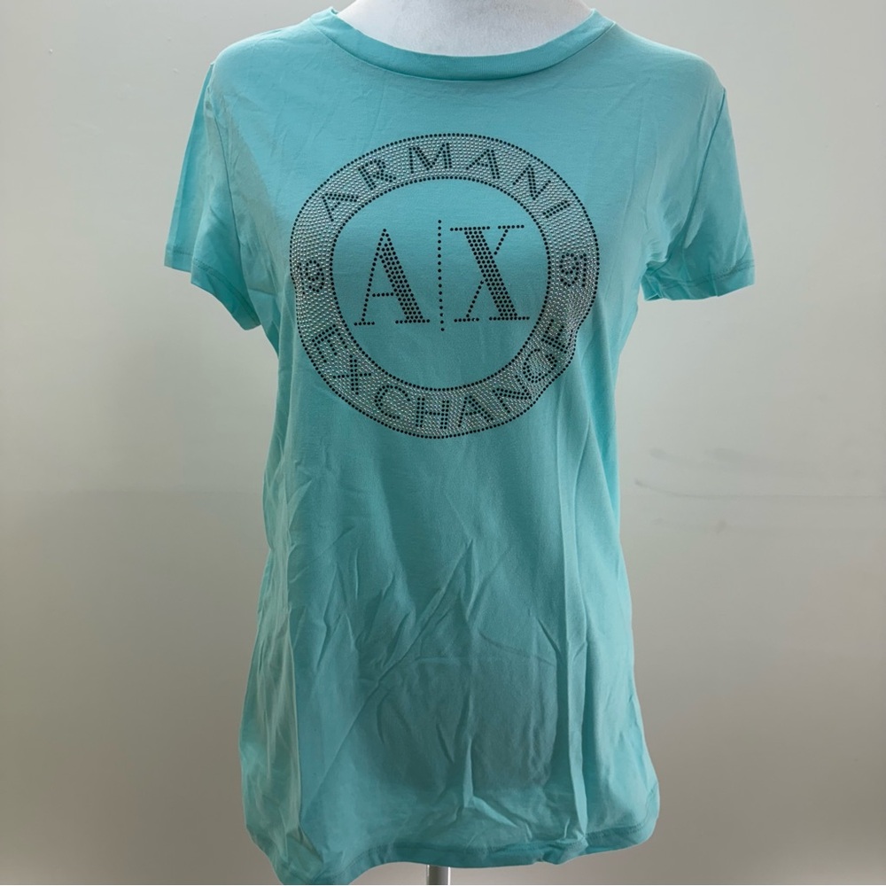 💎 Armani Exchange Aqua Blue Rhinestone Logo Tee (NWT) - Picture 11 of 14